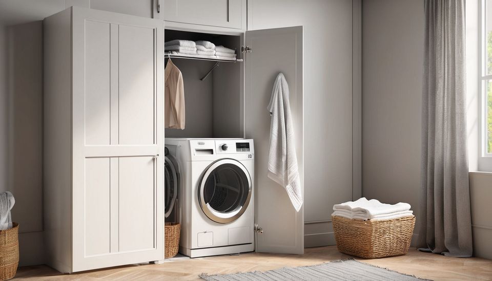 Clothes dryer with its door open in a laundry room