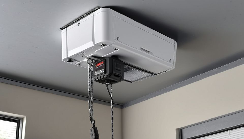 Garage door opener mounted above a garage door