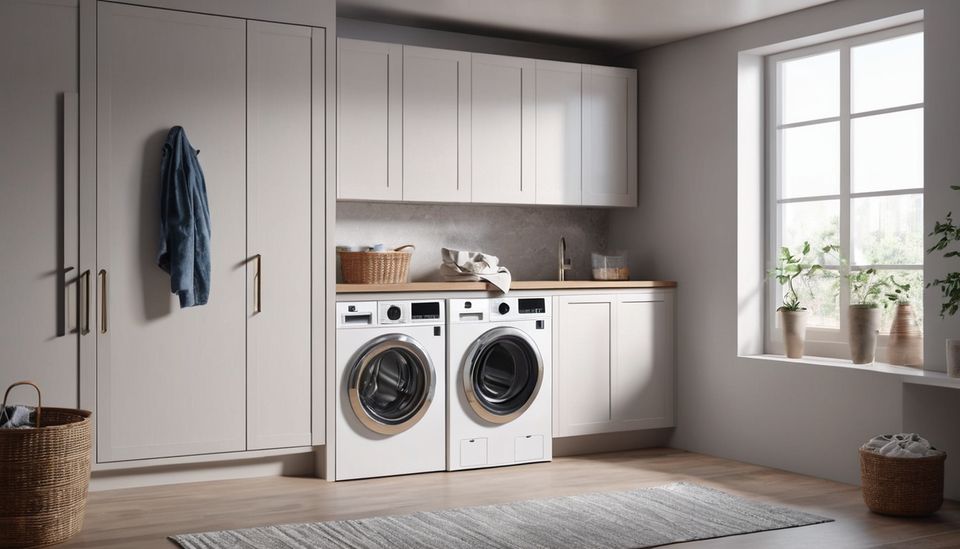 Front-load washing machine in a laundry room
